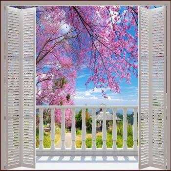 beibehang Egyéni Fotó Tapéta 3D Sztereó Nagy Falfestmények Hamis windows / romantikus cseresznye tavaszi mező kanapé hálószoba flash