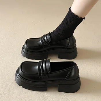 Női Naplopók Cipő Sekély Száját, Oxford, Alkalmi Női Cipők Klumpa Platform, Slip-on, Brit Stílus Kerek Toe Őszi Bőr