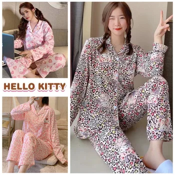 Hello Kitty Pizsama Szett Kiváló minőségű Luxus Selyem Női Pizsama Tavaszi, Őszi, Hosszú ujjú Kardigán Szett Divat Otthon Ruházat