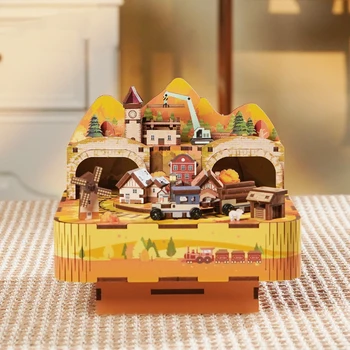 ÚJ Város a Város a Zene Doboz Szélmalom Vonat Fából készült Modell épületszerkezetek mozgathatja a 3D-s Puzzle Játékok Felnőttek számára, Születésnapi Ajándékok
