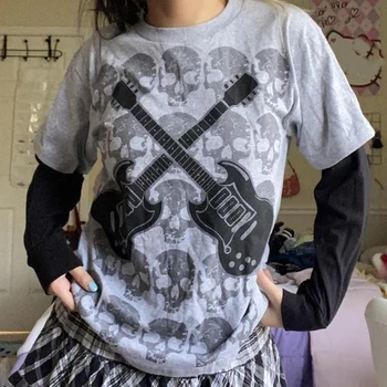 Rock Harajuku Nyomtatás Koponya Hosszú Ujjú Esztétikai Ruha Őszi Póló Női Felsők Y2K 2000-es évek Punk Kpop Grunge Hamis 2db Tshirt