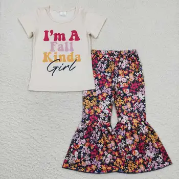 Nagykereskedelmi forró eladó Nyugati RTS Gyerekek Levelet bézs rövid ujjú, virágos nadrág a pizsama szett baba lányok boutique ruhák