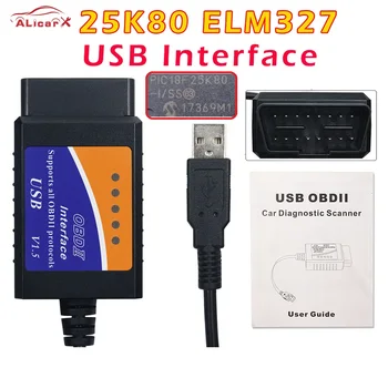 V1.5 USB327 OBD2 Autó hibakód olvasó 25k80 chip ELM 327 V1.5 OBD2-Kód Olvasó Usb-nterface ELM-327 Obd2 Szkenner, PC