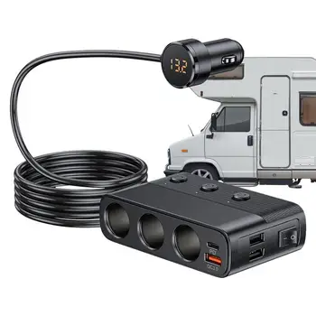 Autós Töltő Adapter Multifunkcionális Könnyebb Dugót Splitter 128W Könnyebb, USB Töltő Feszültség Kijelző Teherautó RV SUV
