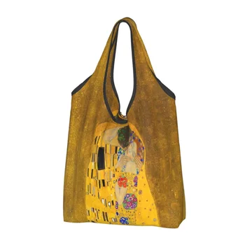 A Csók, Amelyet Gustav Klimt Élelmiszert Vásárolni Aranyos Vásárló Tote Váll Táska Nagy Kapacitású Hordozható Szimbolizmus Művészeti Táska