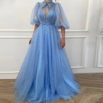 Elegáns kék bolyhos ujjú estélyi ruha, bankett születésnapi party hercegnő ruha, tüll szempontból báli ruha szabott