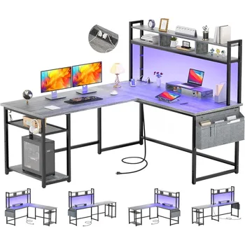 L-Alakú Íróasztal Konnektorba & LED Szalag, Megfordítható L-Alakú Sarok Számítógép Asztal Játék Íróasztal Tároló Polc