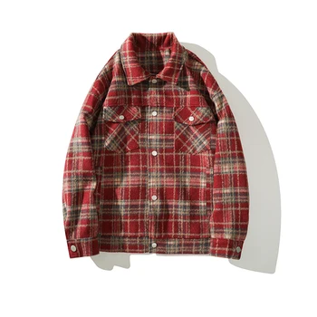 American Retro Piros Kockás Kabát Anglia Stílus Pár Ing, Kabát Őszi Új Unisex Kabát Három-dimenziós Zsebbel Design