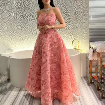 Rózsaszín Egy-Line Szaúd Arabric Party Ruhák, 3D Virágok Spagetti Pánt Báli Ruhák Hosszú Eveing Báli Ruhák 2023 Nők