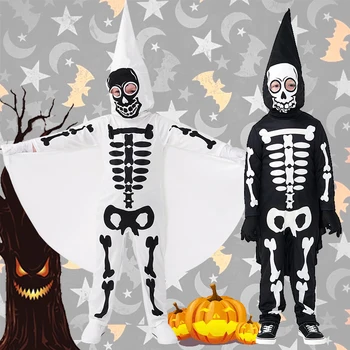 Halloween Gyermek Jelmez Ijesztő Csontváz Kezeslábas 95-150cm Lány, Fiú, Gyerek Ruházat+Mash Body Fekete-Fehér Szellem a 2-12Years