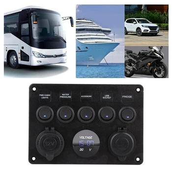 5 Banda, 12V/24V Inline-Biztosíték Doboz LED-es Kapcsoló Panel Dual USB Autós Hajó, Teherautó, Lakóautó