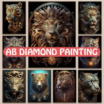 5D Gyémánt Festmény Luxus Arany AB Fém Oroszlán Gyémánt Hímzés Új 2023 DIY Leopárd Tigris Cross Stitch Strasszos Art Dekor